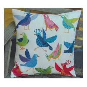 Fjollede Fugle pude - hr 3,5 sting/cm og Blomstergarn
