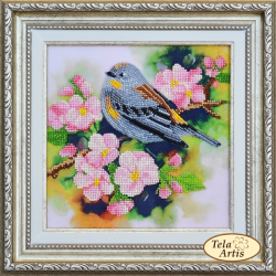 Fugl p en abrikosgren - Perlebroderi