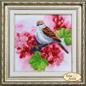 Fugl p en geraniumbusk - Perlebroderi