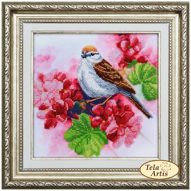 Fugl p en geraniumbusk - Perlebroderi