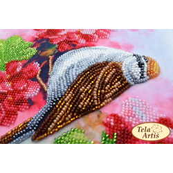 Fugl p en geraniumbusk - Perlebroderi