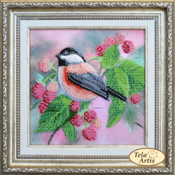 Fugl i en hindbrbusk - Perlebroderi