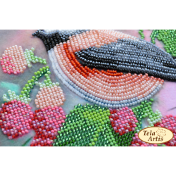 Fugl i en hindbrbusk - Perlebroderi